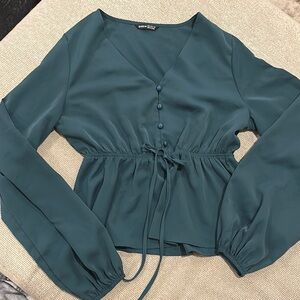 SHEIN Green Long Sleeve Tie Front Peplum Blouse